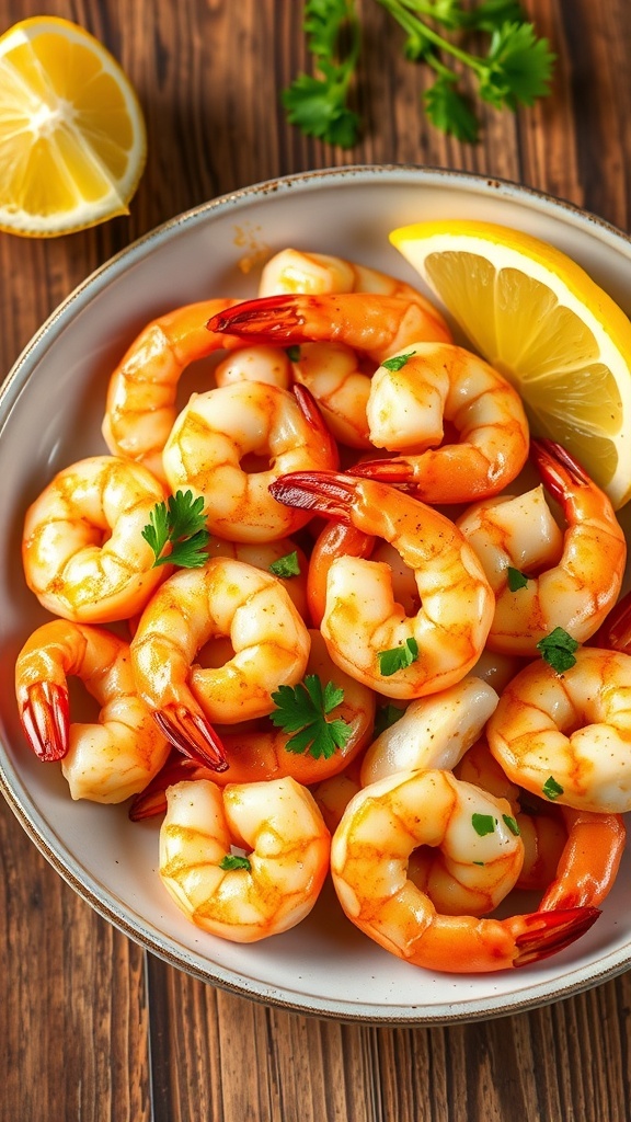 Air Fryer Peel and Eat Shrimp Recipe A delicious serving of air fryer shrimp garnished with parsley and lemon wedges on a rustic table.
